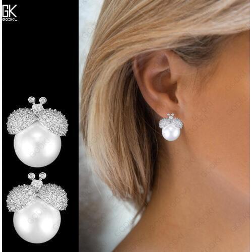 GODKI Luxury Insect Imitation Pearls Stud Earrings for women Wedding Crystal Zircon CZ Dubai Bridal Earring Bohemian Hot 2022