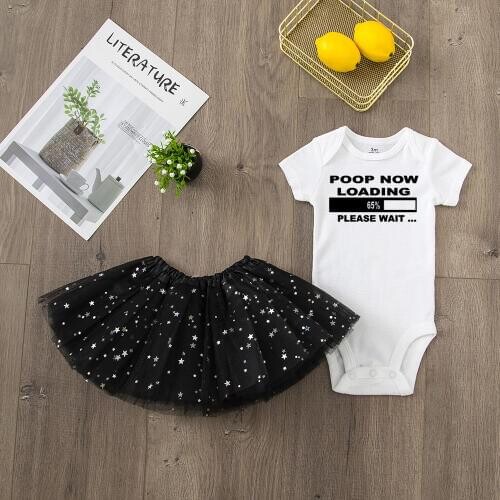 Poop Loading 65% Please Wait Funny Infant Baby Cute Romper 2pcs Sets Tulle Tutu SkirtTops Short Sleeved Toddler Girl Set