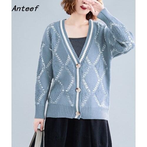 Korean fashion vintage knitted long sleeve tops causal loose oversized autumn winter cardigan sweater women sweaters coat 2021