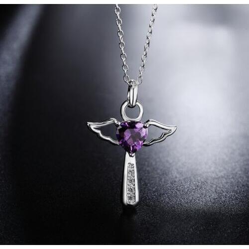 Hot Sale Jesus Cross Love Heart Angel Wing Pendant Necklaces Purple White Crystal Zircon Silver Plated Necklace for Women