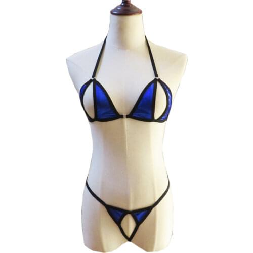 Micro bikini plus size swimwear women swimsuit women biquini bikinis Patent leather Hollow out Shuangpin metal ring String Lace