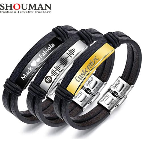 SHOUMAN Personalized Custom Baby Name Multi-layer Leather Bracelet Music Symbol Stainless Steel Mens Bracelet Dad Husband Gift