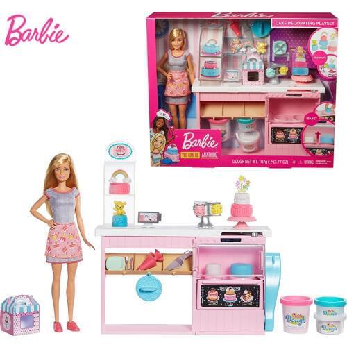 Original Barbie Cake Decorating Playset Kitchen Cooking Education Toy Doll House Toys for Girls Children Education Boneca Gifts