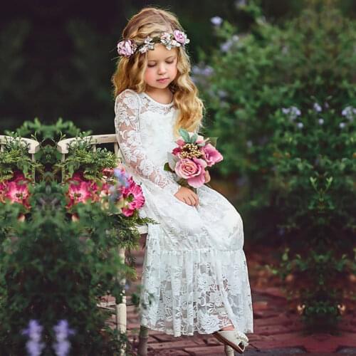 Girl Dress Lace Long Flower For Age 2-12 Baby Kids Princess Formal Wedding Prom Party Dress White Big Bow Sweet Clothing