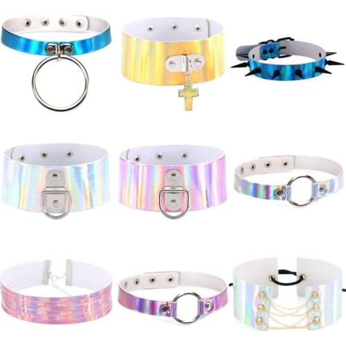 Harajuku Pendant Choker Laser Leather Necklaces for Women 2021 Fashion Spiked Sexy Collar Chains Neck Strap Disco Gothic Jewelry