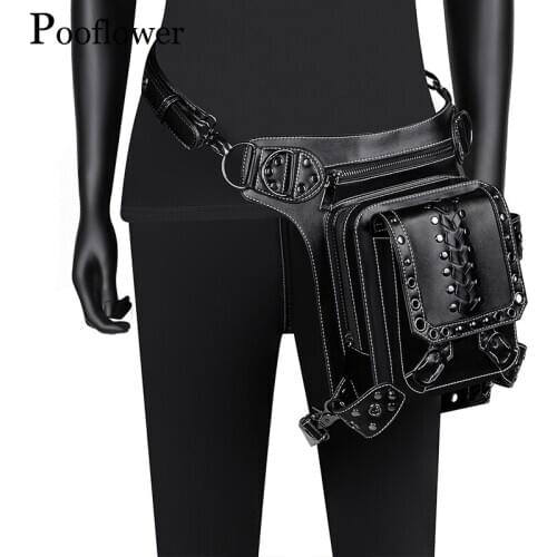 Pooflower Men Moto PU Leather Waist Bag Punk Belt Pouch Vintage Leg Bag Women Crossbody Fanny Bags Backpack bolsa cintura ZH157