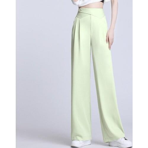 QOERLIN Drape High Waist Wide Leg Pants Womens Spring Summer Side Pocket Loose Casual Straight Trouser Plus Size Suits Pants
