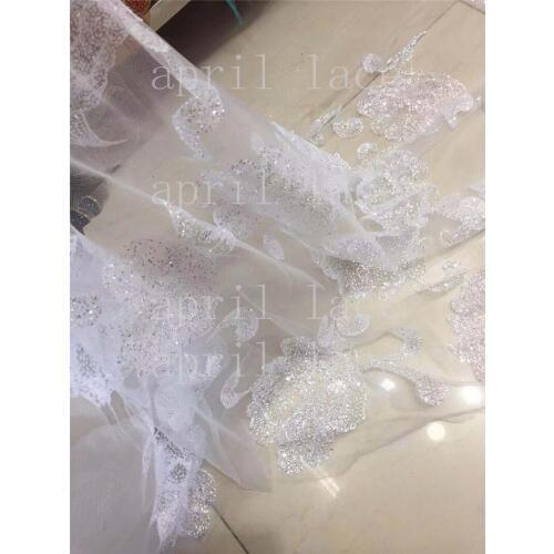 Stock 8 yards/bag Ah1526 # crystal white rose glued glitter print tulle net mesh flower fabric for wedding