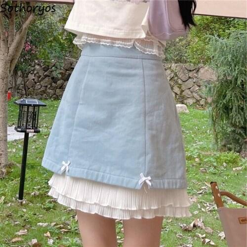 Sweet Ruffles Skirts Women High Waist Cute Blue Bow Elegant Teen Girls A-line Patchwork Tender Casual Streetwear Summer Students