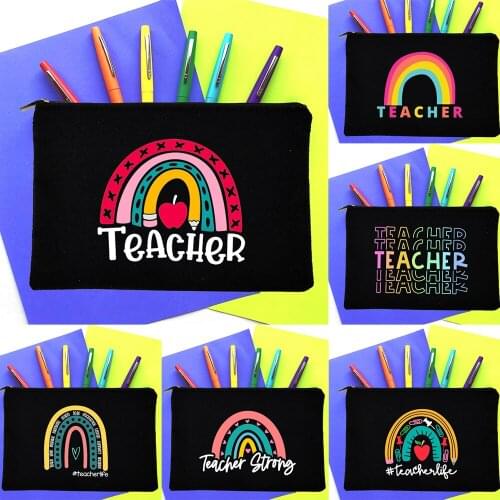 Rainbow Teacher Women Black Zipper Makeup Bag Kawaii Office Pencil Organizer Pouch Aesthetic Travel Cosmetic Lipstick Storage