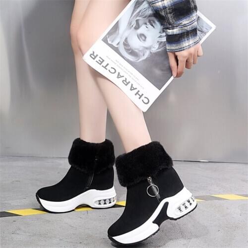 Flock Wedges Shoes for Women Platform Snow Boots Winter Fur Ankle Boot Comfy Shoes Woman Boots Platform Short Plush Grey Black