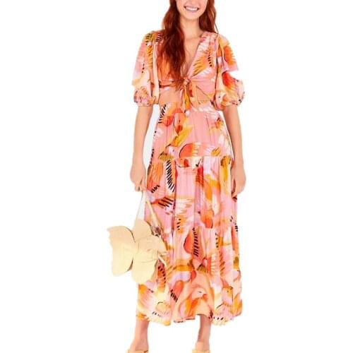 2021 Summer New Arrive Floral Printed Women Two Pieces Sets V Neck Half Sleeve Tops And Splicing Long Skirt