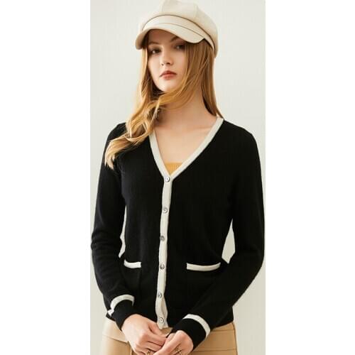 Women V-neck With Pockets Jackets 100% Pure Wool Knitted Cardigans Hot Sale 2Colors Winter Sweaters Female Woolen Standard Cloth