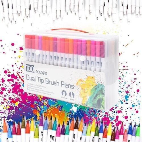 100 Colour Dual Tip Brush Pens with Fineliners Colouring Art Markers Drawing