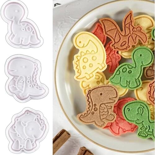 4Pcs/set Dinosaur Shape Cookie Cutters Plastic 3D Cartoon Pressable Biscuit Mold Cookie Stamp Kitchen Baking Pastry Bakeware