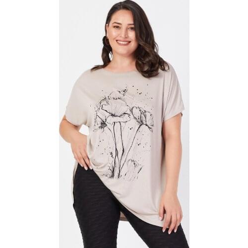 Large Size Beige-navy blue Temporary Shed Bundle Flower Printed T-shirt Comfortable Stretchy Cotton combed Modern