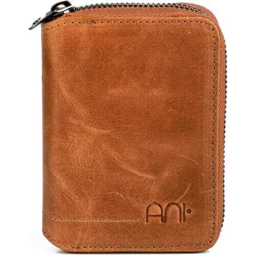 Crazy Leather Vintage Zipper Mens Wallet Tan