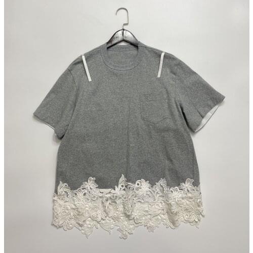 Exquisite Cotton Woman Tops Grey Fake 2 Lace-trimmed T-shirts