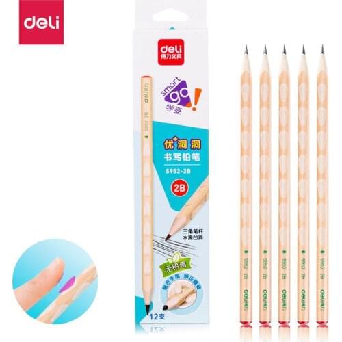 12pcs / box Deli s952-2b advanced triangular graphite hole pencil, posture correction writing pen, student stationery