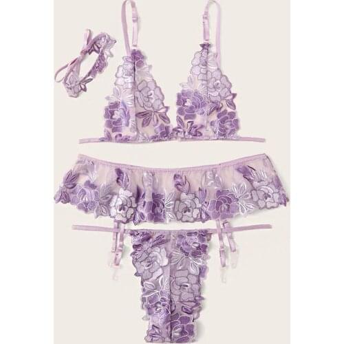 4 Pieces Set Lingerie Floral Embtoidery Perspective Underwear Women Lace Erotic Costumes Bra with Garters Sensual Lingerie Set