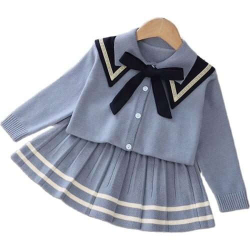 2021 New Girls Clothes Set Long Sleeve Sweater Shirt Skirt 2 Pcs Clothing Suit Bow Spring Baby Outfits for Kids Girls Clothes