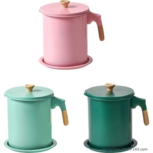 P8DE Oil Strainer Pot 1.4L Stainless Steel Oil Storage Can Container Grease Keeper with Fine Mesh Strainer Dust-proof Lid for