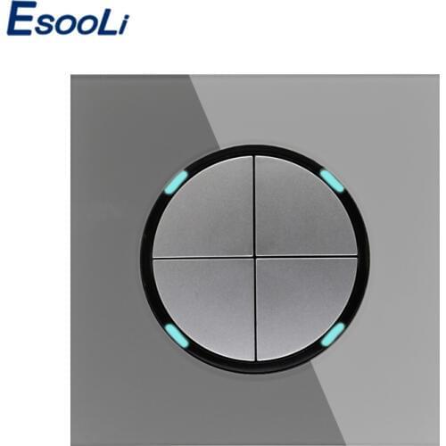 Esooli New Arrival Crystal Glass Panel 4 Gang 1 Way Gray Random Click On / Off Wall Light Switch With LED Indicator