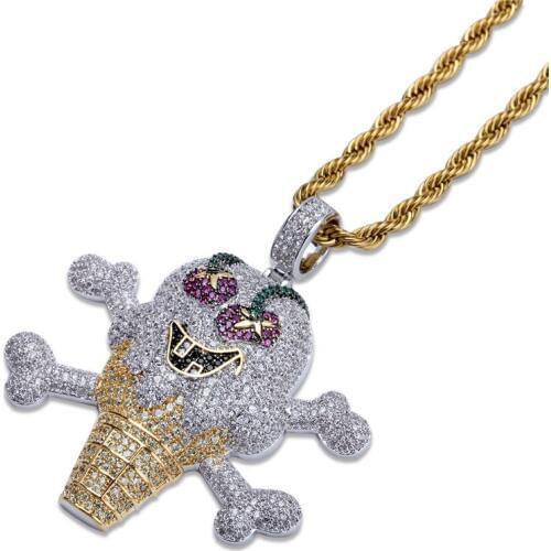 OMYFUN Full CZ Ice Cream Pendant Necklace Two Tone Color Skull Men Accessory Mens Hip Hop Bling Pendants Necklaces Jewelry