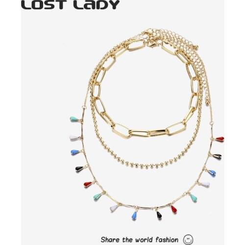 Lost Lady Colorful Water Drop Necklaces Multi-layers Gold Chain Torques Necklaces for Women Man Hip Hop Chocker Necklace Jewelry