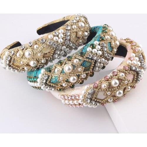 Pearl mesh beautiful headband New exaggerated sponge baroque headband inlaid with rhinestones and pearl hair accessories 860
