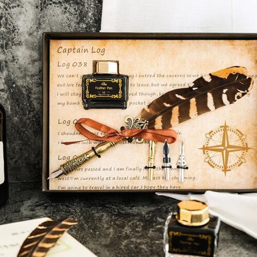 Retro Classical Feather Dip Pen Fountain Pen Ink Bottle With 3 Nibs Stationery Gift Box For School Birthday Gift Calligraphy Pen