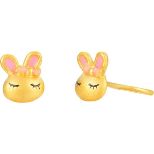Pure 24K Yellow Gold Earrings 3D Hard Gold 999 Gold Bunny Stud Earrings Cute Earrings