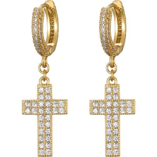 US7 Cubic Zirconia Cross Dangle Earring Bling Ice Out Gold Silver Color Copper Material Earrings For Men Women Hip Hop Jewelry