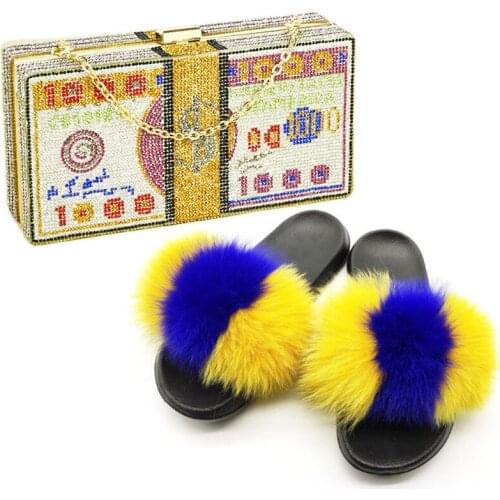 Womens Real Fox Fur Slippers Female Fluffy Plush Slides Luxury Diamond Dollar Bags Ladies Bling Handbag Shoes Set Dinner Bag