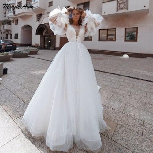 Magic Awn Long Puff Sleeves Boho Wedding Dresses Lace Appliques Illusion Princess Beach A-Line Mariage Gowns Lace Up Back 2021