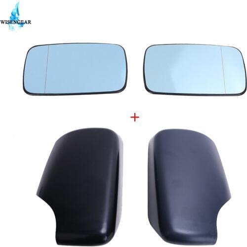 WISENGEAR Blue + Clear Rear View Wing Mirror Heated Wide Angle Glass + Auto Rearview Mirror Cap Cover For BMW 3 Series E46 E39
