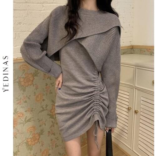 Yedinas Two Piece Set Women Skirts Long Sleeve Crop Tops+mini Skirt 2 Piece Set Women Knitted Skirt Set Suit Sweater Outfits