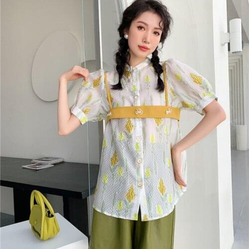ZCSMLL Micro-transparent Bubble Short-sleeved Stand-up Collar Floral Shirt Women 2021 Summer New Design Niche Temperament Shirt