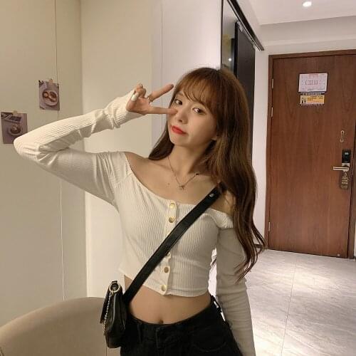 Wenfly Women Short Tops Cotton Harajuku Spring New Slash Neck Single Breasted Korean Slim Long Sleeve Sweet T-shirt