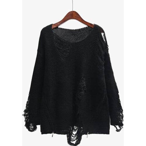 Women Fashion side zipper ripped black Sweater Long Sleeve Loose Casual hollow out Knit Pullover O Neck holes Knit Tops Jumper