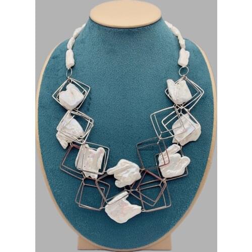 Funky Irregular Freshwater Biwa Pearls Statement Necklace With White Stick Pearls Stainless Steel Chains For Women Gifts 18 Inch