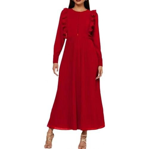 2021 Autumn Winter New Women Red Vintage Dress Hepburn Style Ruffled Long Sleeve Pleated Mid-length Party Dress Vestidos