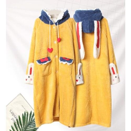 Winter loose plus size cute rabbit warm thick nightgown hooded long coral velvet pajamas ladies home service