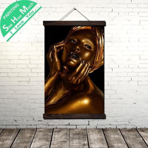 Gold Body Black Women Scroll Painting Canvas Vintage Poster and Prints Wall Art Picture Living Room Bedroom Farmhouse Decoration