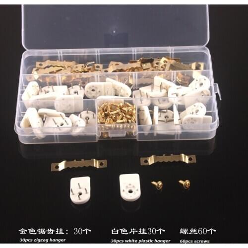 30pcs zigzag hanger+30pcs White Plastic Invisible Wall Mount+60pcs screw in one box Photo Picture Frame Nail Hook Hanger