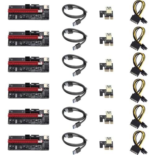 6PCS VER006C PCIe 1x to 16x Express Riser Card Graphic PCI-E Riser Extender 60cm USB 3.0 Cable SATA to 6Pin Power for BTC mining