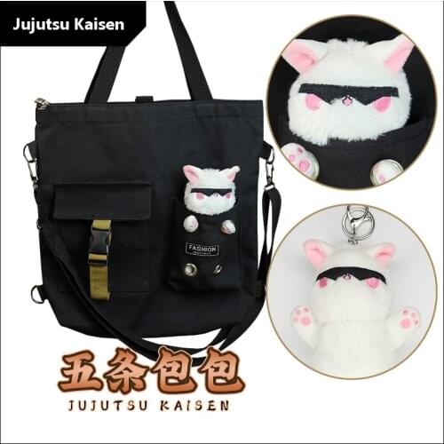 Anime Jujutsu Kaisen Gojo Satoru Cute Cosplay Plush Eyemask Cat Pendant Messenger Bag Student Shoulder Bag Casual Black Handbag