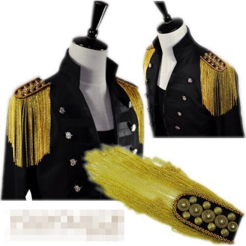 Free Shipping New Male mens fashion casual women Korean jacket gold Ultra-dense tassel England stage party Shoulder Straps