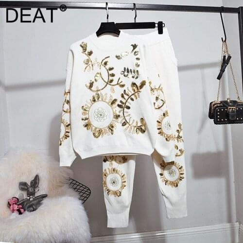 DEAT Women Sequin Knitting Sweater Long Pants New Arrivals Two Piece Set Fashion Temperament Spring Autumn 2021 11D1904