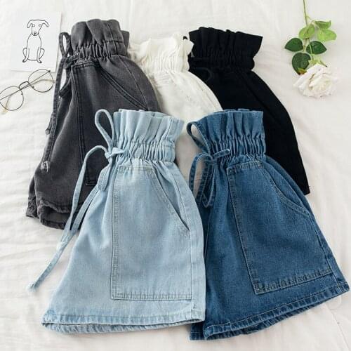 Denim shorts women summer all-match flower bud lace elastic high waist A-line pants loose hot pants student wide-leg pants